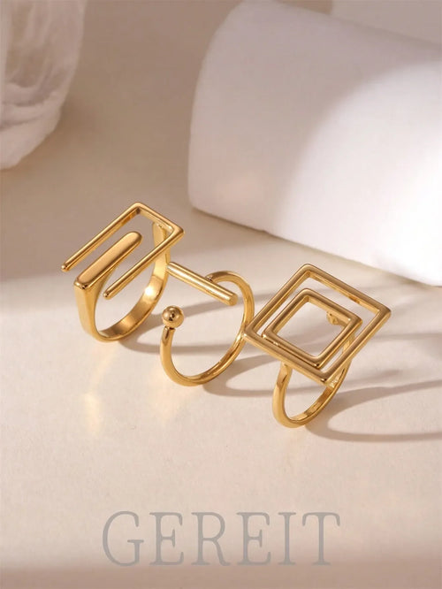 Shein - Gereit 3pcs 18k Stainless Steel Geometric Asymmetric Open Ring Set