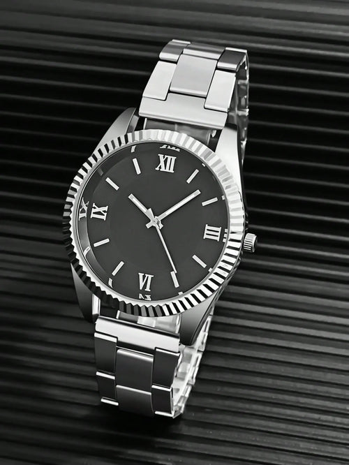 Shein - 1pc Men's Steel Band Quartz Watch - Black Dial