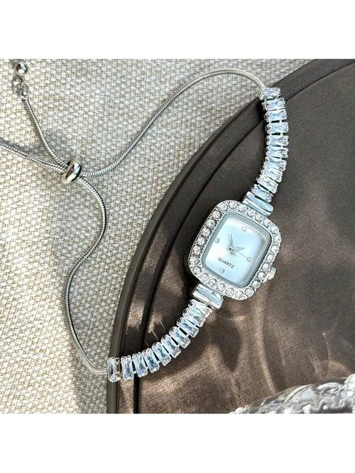 Shein - 1pc Women's Silver Tone Cubic Zirconia Embellished Adjustable Bracelet Watch With Square Alloy Case