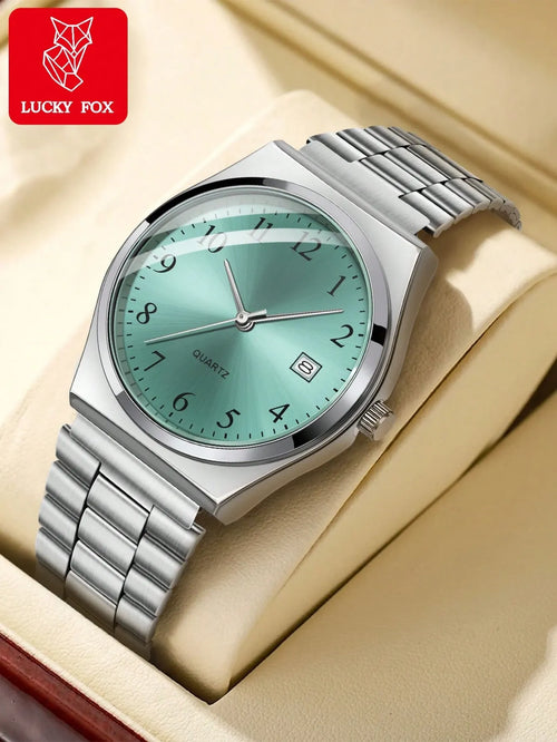 Shein - 1pc Luckyfox Quartz Watch, Minimalist Vintage Steel Strap Small Square Dial Calendar