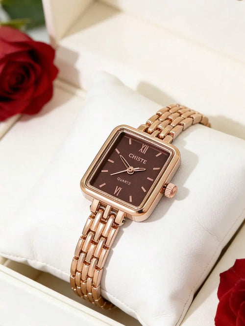 Shein - 1pc/set Women's Stylish Compact Striped Dial Square Stainless Steel Band
