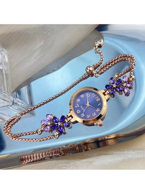 Shein - 1pc Women's Purple Color Petal Rhinestone Pull-out Watch Chain, Arabic Numeral Elegant Quartz Watch