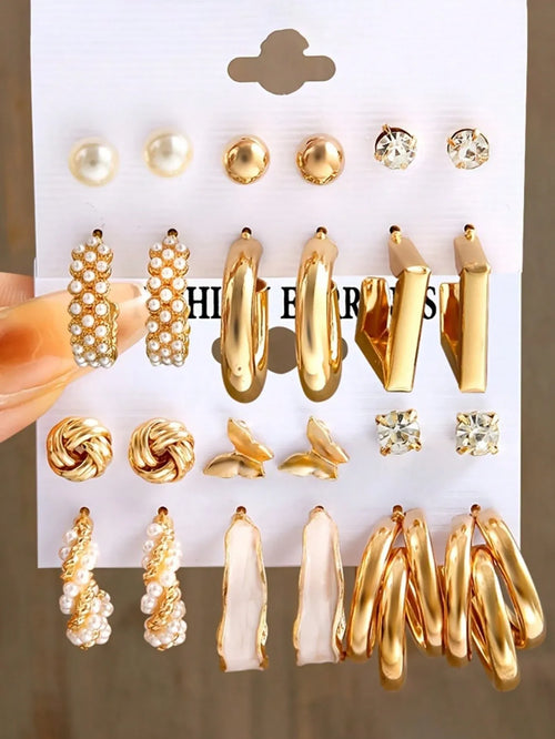 Shein - 24pcs Simple Rhinestone Faux Pearl Earrings With Metallic Geometric Design