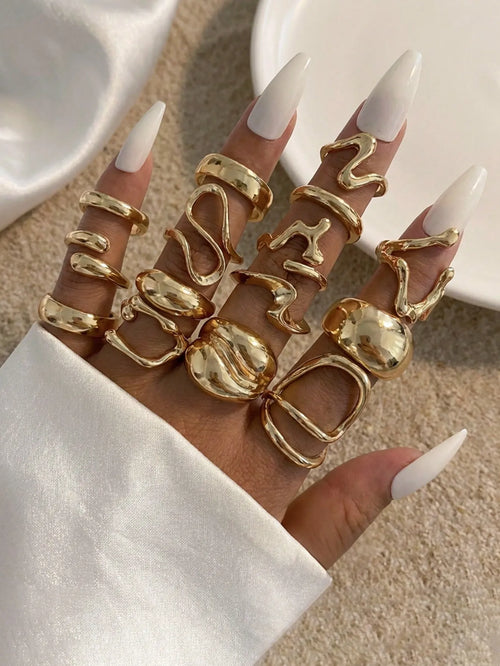 Shein - 15pcs/set Fashion Exaggerated Smooth Alloy Asymmetric Geometric Knuckle Ring