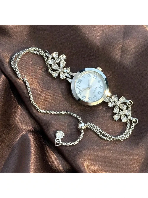 Shein - 1pc Women Quartz Watch With Colorful Petal Rhinestone, Pull Style Band, Arabic Numeral Dial, Elegant Lady Design