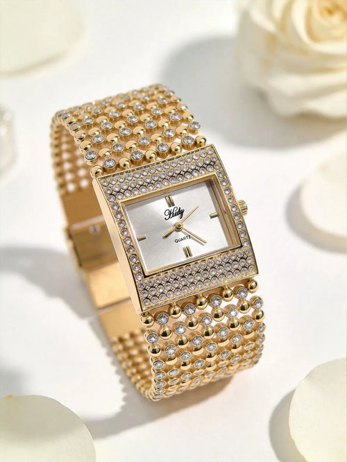 Shein - 1pc Luxury Elegant Women's Quartz Watch, Fashionable Personalized Round Dial Encrusted With Luxury Diamonds
