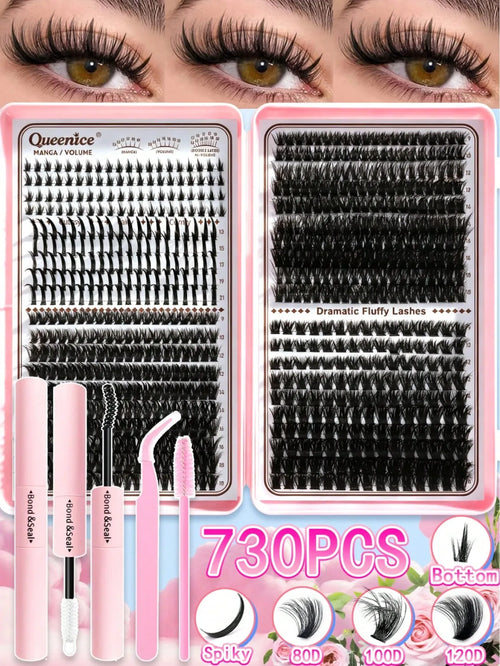 Shein - 730pcs Individual Lash Clusters D Curl 9-18mm Bottom Lashes Spike Fairy Style 80d-120d Mixed Diy Lash Extension Kit