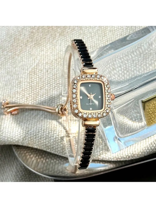 Shein - 1pc Women's Black Cubic Zirconia Embellished Adjustable Bracelet Watch