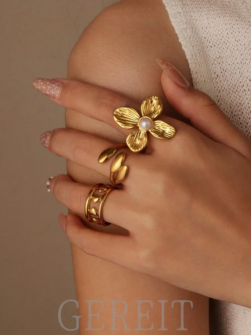 Shein - 3pcs 18k Stainless Steel Heart & Faux Pearl Flower Open Ring Set
