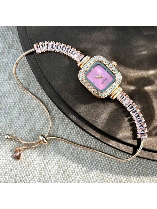 Shein - 1pc Women's Pink Rhinestone Encrusted Bracelet Watch - Square Alloy Case