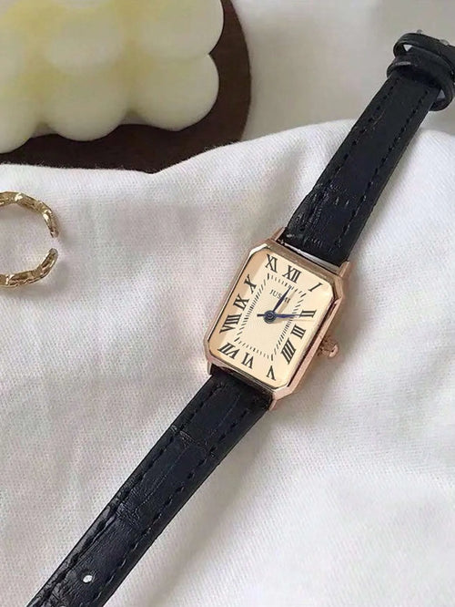 Shein - 1pc Teenager & Student Square Roman Numeral Dial Leather Band Quartz Watch - Black