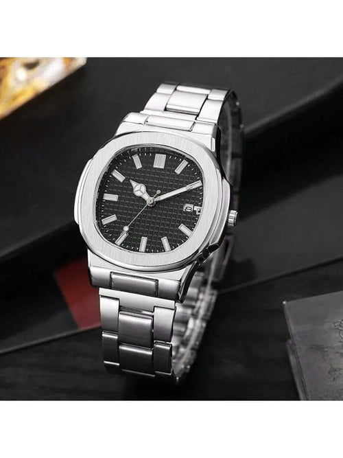 Shein - 1pc Men's Steel Band Quartz Watch - Square Black Dial