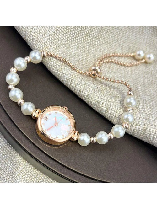 Shein - 1pc Women Adjustable Pearl Strap Round Dial Alloy Chain Bracelet Watch - Rose Gold