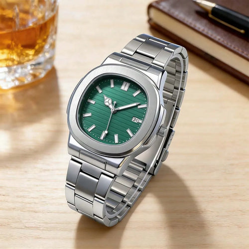 Shein - 1pc Men's Steel Band Quartz Watch - Emarald Dial