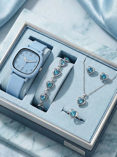 Shein - 6pcs Women's Quartz Watch Bracelet Necklace Earrings Ring Jewelry Set