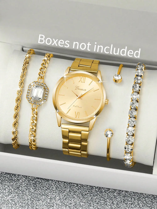 Shein - 5pcs/set Women's Fashion Minimalist Roman Scale Dial Quartz Watch & Bracelet Set