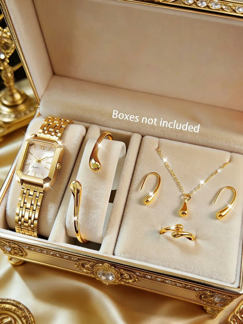 Shein - 6pcs Stainless Steel Watch Band, Quartz Watch With Water Drop Necklace Bracelet Ring Earrings Set - Gold