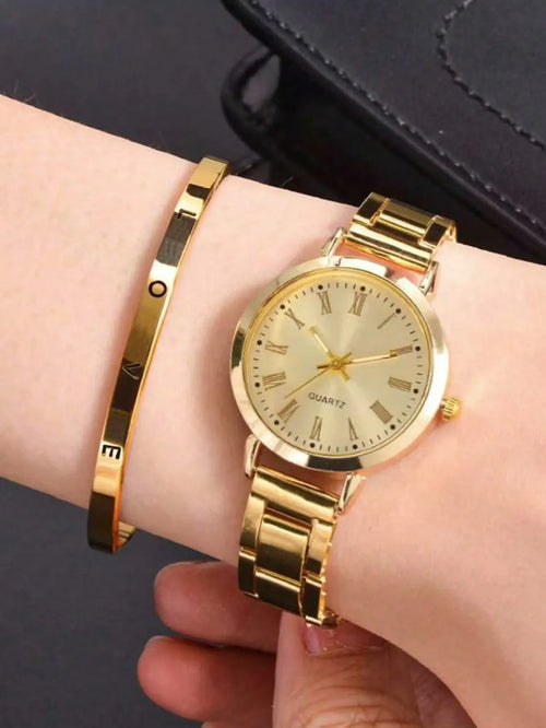Shein - 2pcs/set Women's Gold Alloy Band Fashion Casual Roman Numeral Quartz Watch & Love Letter Bracelet Set