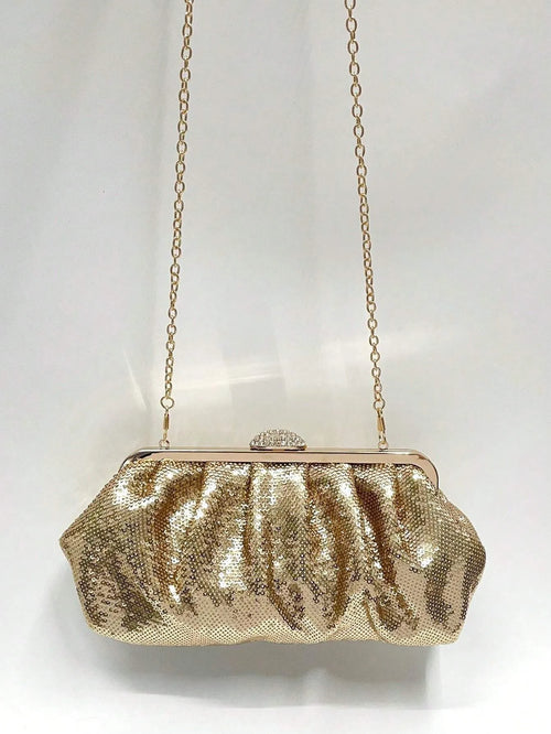 Shein - Bae 1pc Golden Fish Scale Sequins Pleated Shell Metal Studded Cloud Shaped Clutch