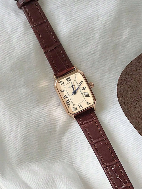 Shein - 1pc Teenager/student Square Roman Numeral Dial Leather Band Quartz Watch - Brown