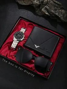 Shein - 3pcs/set Fashionable Casual Luxury Business Men's Watch Gift Box With Wallet & Glasses