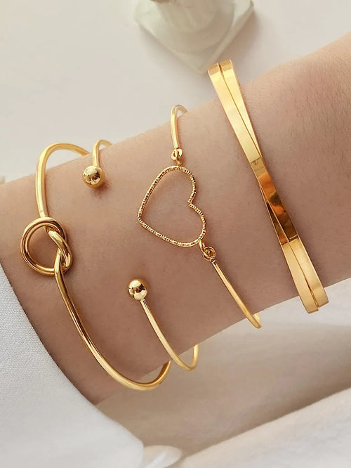 Shein - 4pcs/set Fashionable Zinc Alloy Heart & Knot Decor Bangle For Women For Daily - Golden Decoration