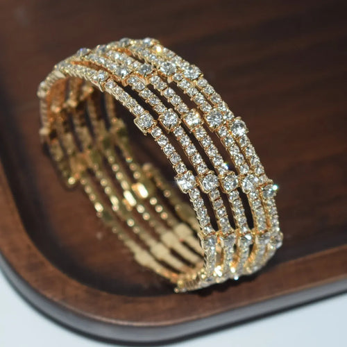 Shein - Multi-layer Fashionable Rhinestone Wrapped Open Cuff Handmade Bracelet For Women - Golden