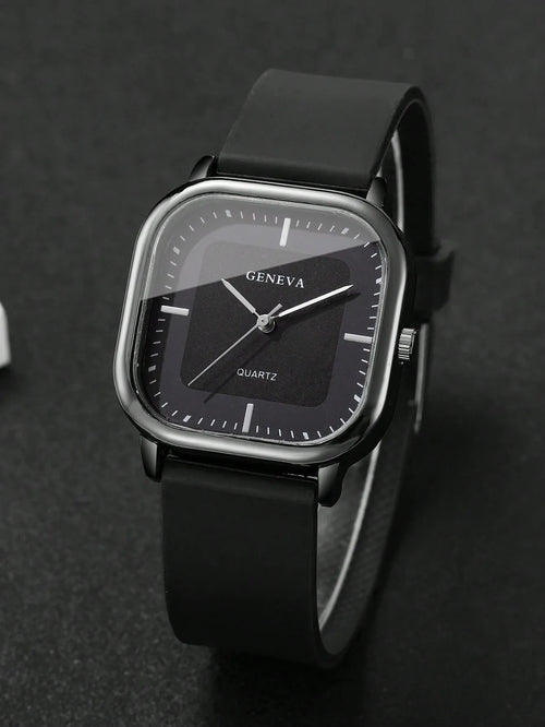 Shein - 1pc Men's Silicone Strap Fashion Casual Square Minimalist Dial Quartz Wrist Watch - Black Dial