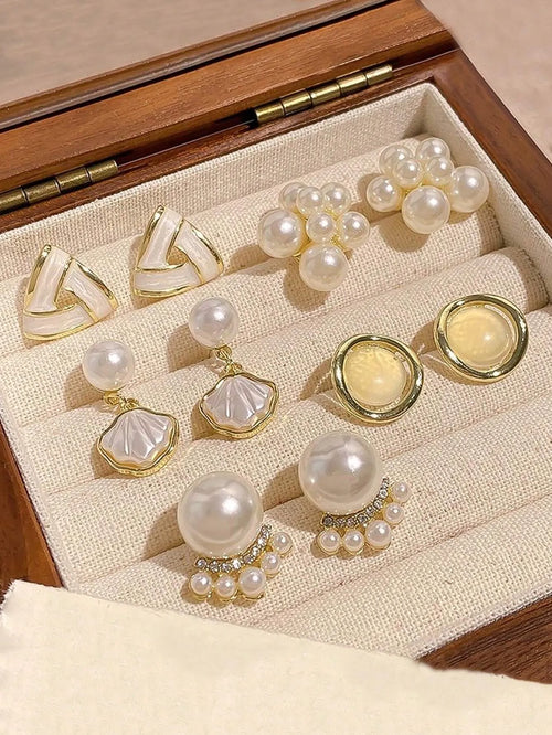 Shein - 5pcs/set Vintage Faux Pearl Silver Needle Earrings, Minimalist Luxury Earring Set