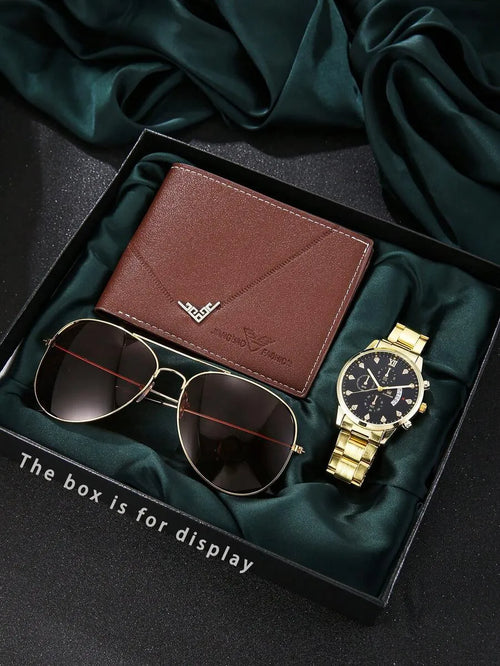 Shein - 3pcs Fashion Casual Stylish Business Men's Watch Set With Sunglasses And Wallet