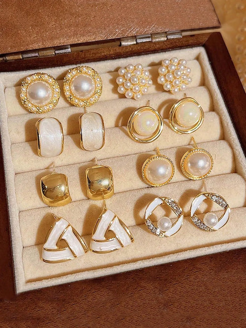 Shein - 8pcs Vintage Minimalist Chic Petite Smooth Pearl Geometric Star Round Triangle Stud Earrings Set