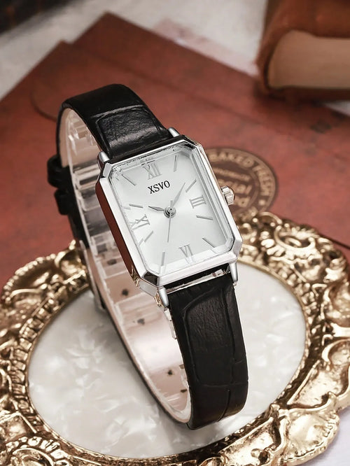 Shein - 1pc Teenager/student Square Roman Numeral Dial Leather Band Quartz Watch