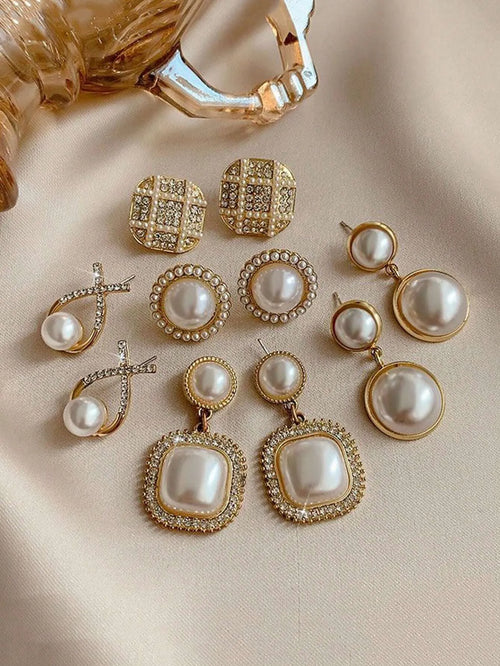 Shein - 5pcs/set Rhinestone & Faux Pearl Geometric Square Shape Tassel Stud Earrings Set For Women