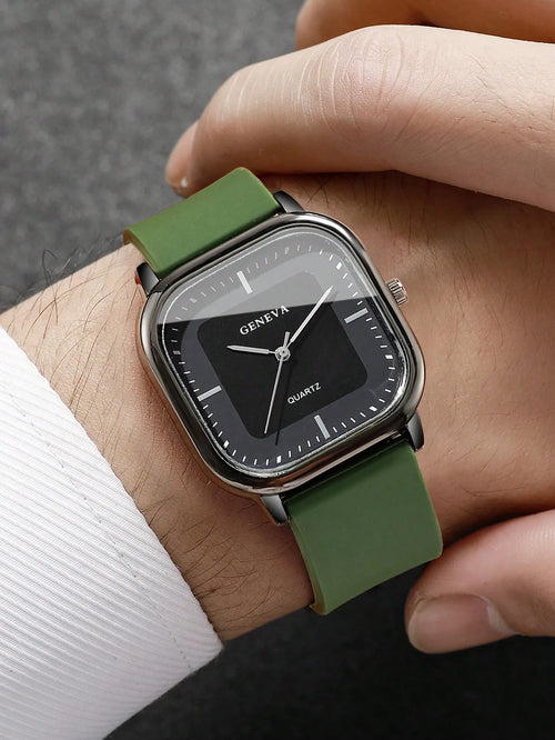Shein - 1pc Men's Silicone Strap Fashion Casual Square Minimalist Dial Quartz Wrist Watch - Green