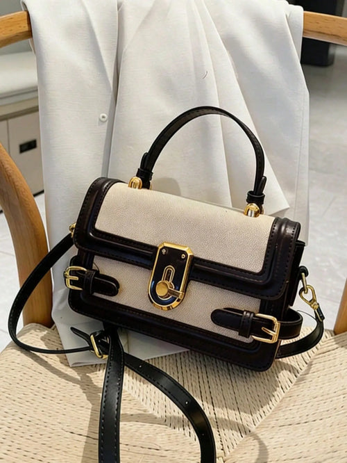 Shein - Fashionable Minimalist Casual Small Square Bag, Decorated With Buckle, Contrast Color Top Handle