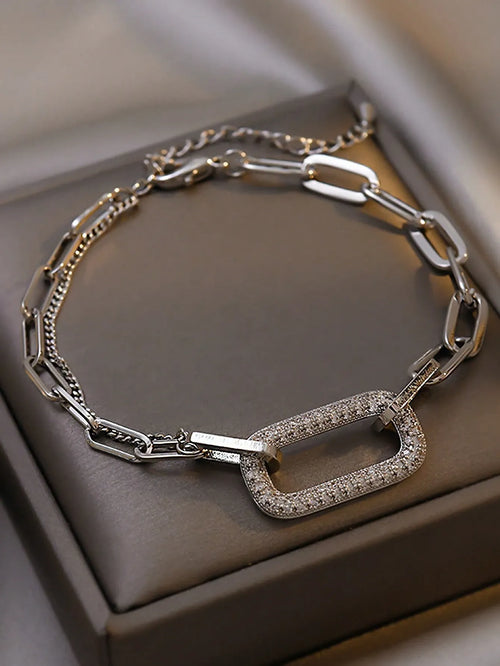 Shein - 1pc High-end Elegant Square Hollow Out Cubic Zirconia Bracelet - Silver
