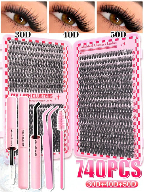 Shein - 740pcs Individual Lash Clusters High Capacity D Curl 9-16mm 30d-50d Mixed Diy Eyelash Extension Kit