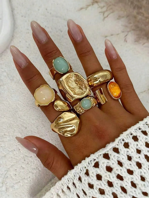 Shein - 7pcs Vintage Asymmetrical Liquid Teardrop Gemstone Open Ring Set
