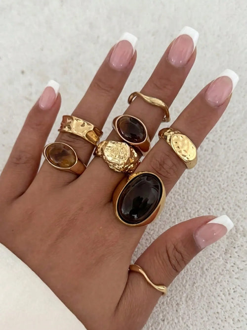 Shein - 8pcs Vintage Asymmetrical Liquid Water Drop Tiger Eye Stone Open Ring Set
