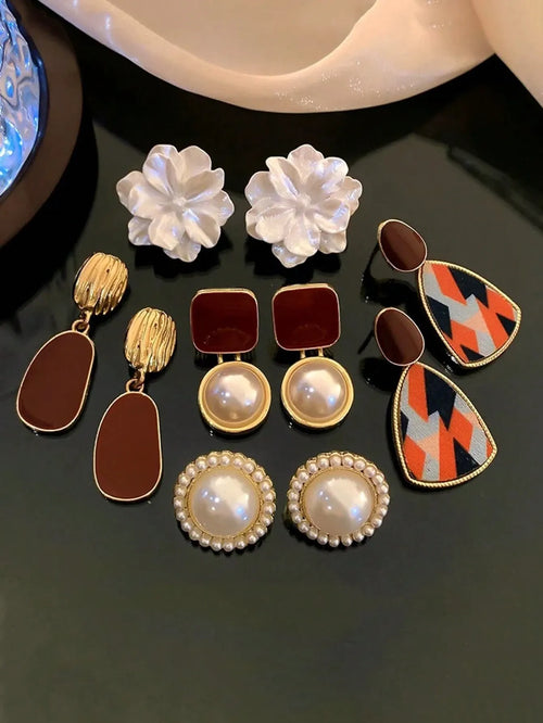 Shein - 5pcs/set Square Burgundy Floral Enamel & Faux Pearl Stud Earrings, Fashionable Elegant Geometric Earrings Set