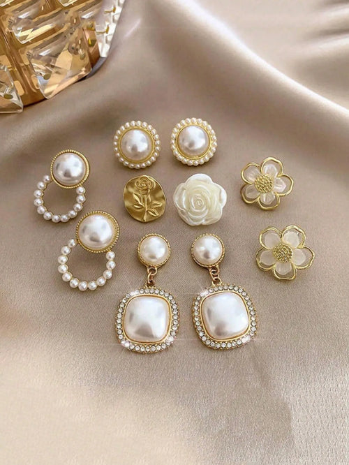 Shein - 5pcs/set Simple Square Faux Pearl Floral Rhinestone Earrings, Minimalist Elegant Geometric Stud Earrings Set