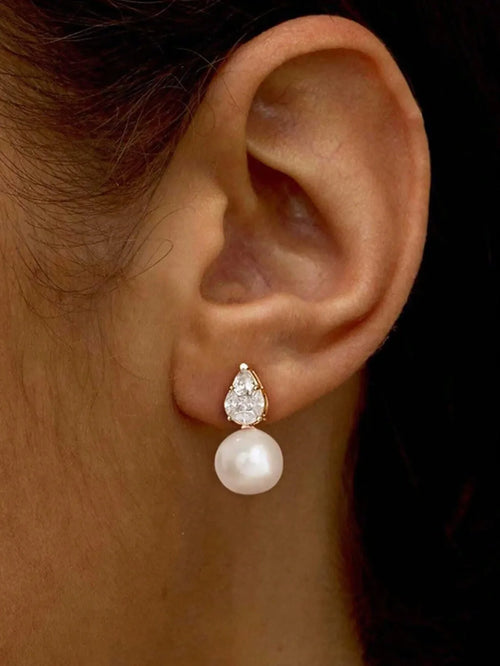 Shein - 14k Gold Plated Pearl Earrings, Elegant Wedding Earrings, Formal Cz Pearl Bridal Earrings, Non-allergic Gold Plated Earrings