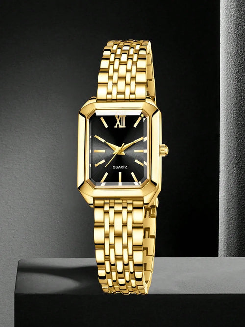 Shein - 4pcs Set Including 2 Square Steel Watches With Black Or White Dial