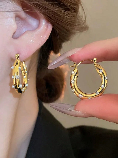Shein - 1pair Metallic Geometric Circle Stylish Party Faux Pearl Minimalist Elegant Women Hoop Earrings - Golden