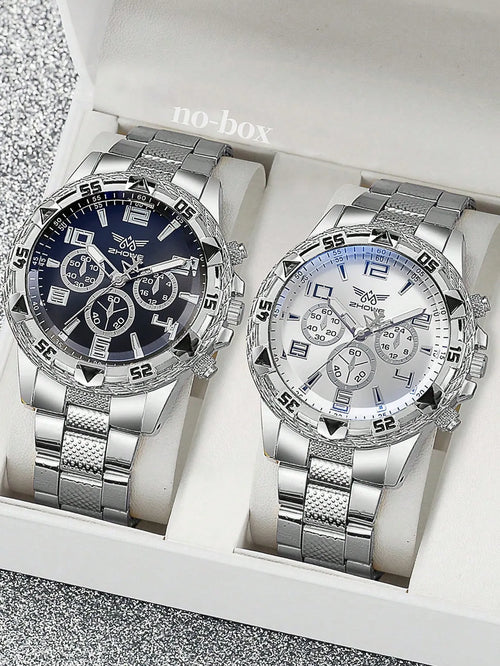 Shein - 2pcs Men's Silver Stainless Steel Strap Elegant Business Style Quartz Watch Set