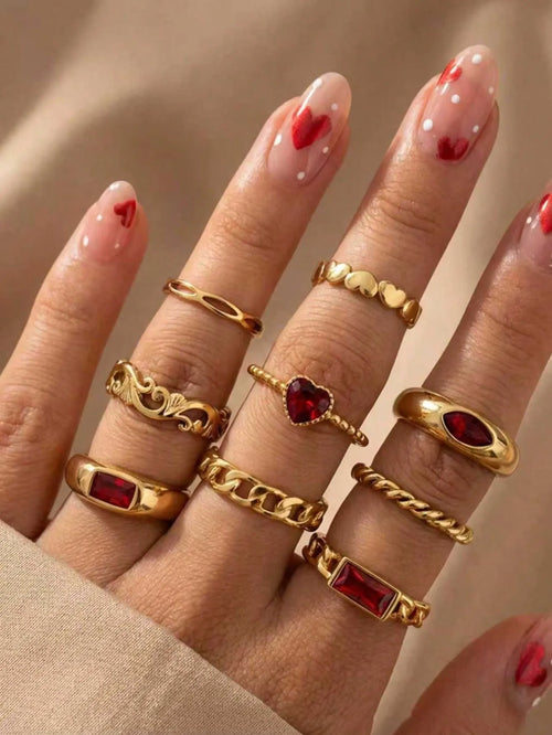 Shein - 9pcs Valentine's Day Elegant Heart-shaped Red Gemstone Ring Set