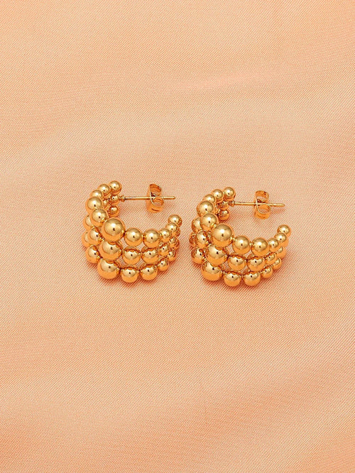 Shein - 1pair 316 Titanium Steel Three-ring Steel Ball C Shape & Half Round Arc Butterfly Buckle Design Artistic Earrings - Golden