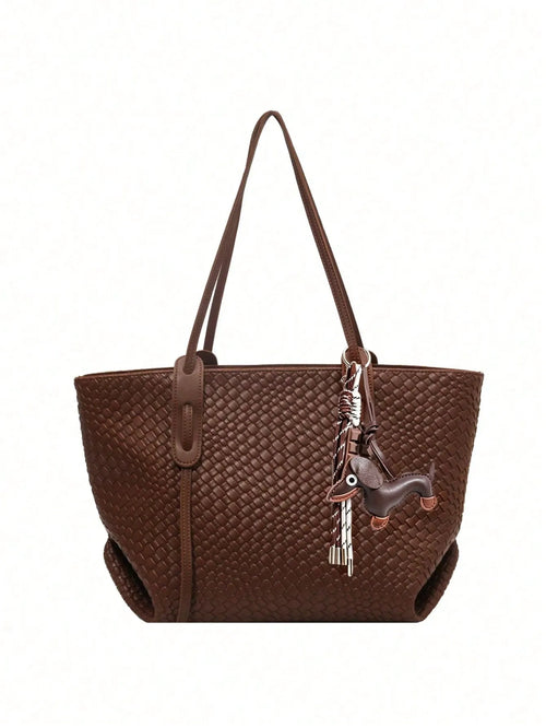 Shein - Women's Versatile Solid Color Woven Pattern Pu Leather Handbag