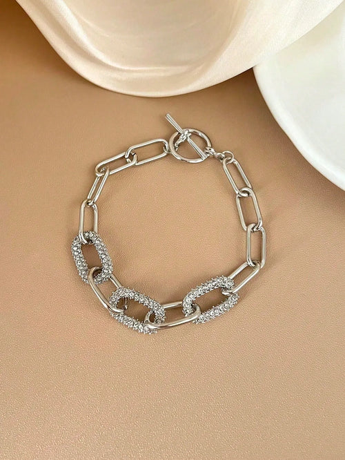 Shein - 1pc Minimalist Elegant Silver Color Rhinestone Oval Jewelry Chain Bracelet