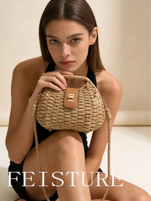 Shein - 1pc Women's Retro Metal Lock Woven Crossbody Bag, Casual Beach Vacation Shell Bag
